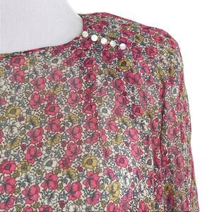 MNG Mango Long Sleeve Floral Sheer Blouse Medium Grey Red Floral Career Work